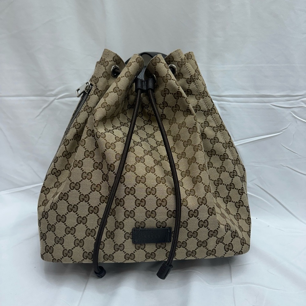Gucci Beige Brown Monogram Drawstring Backpack